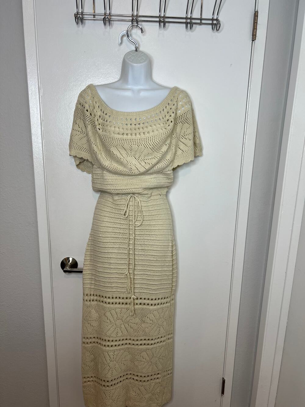 Cherley Off-Shoulder Boho Crochet Maxi Dress Ivory ~ Size S/M